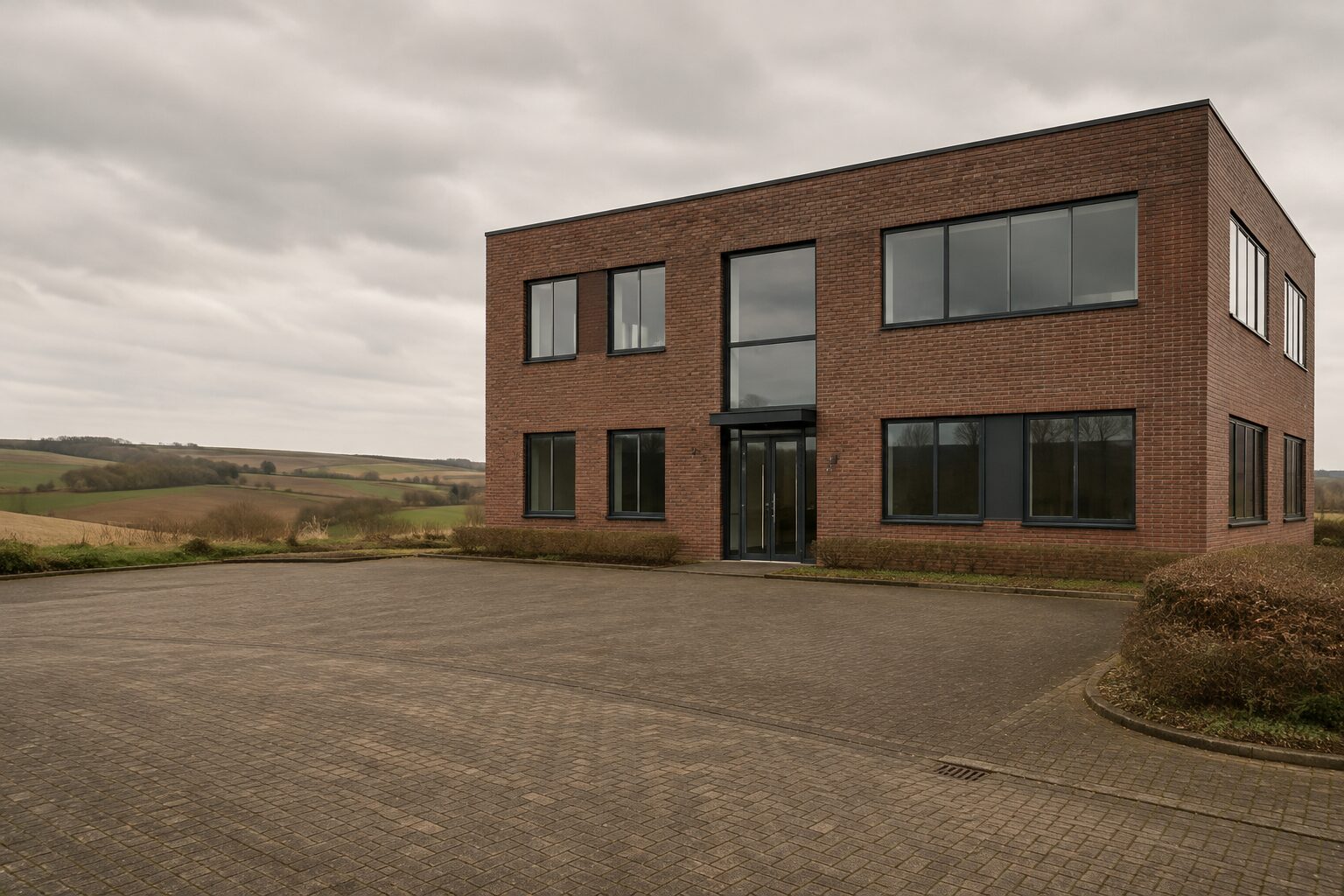 Een modern bedrijfspand van twee lagen met een lege parkeerplaats ervoor