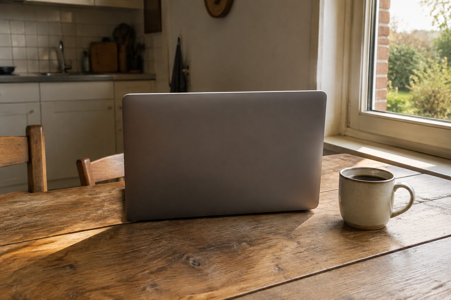Een laptop met afgewend scherm op een houten keukentafel