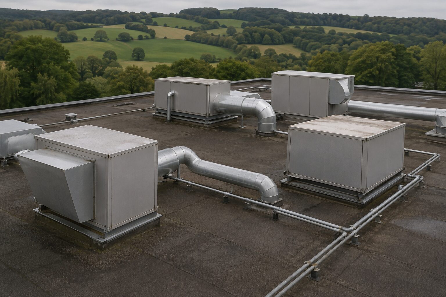 Een plat bedrijfsdak met ventilatiekasten en leidingen