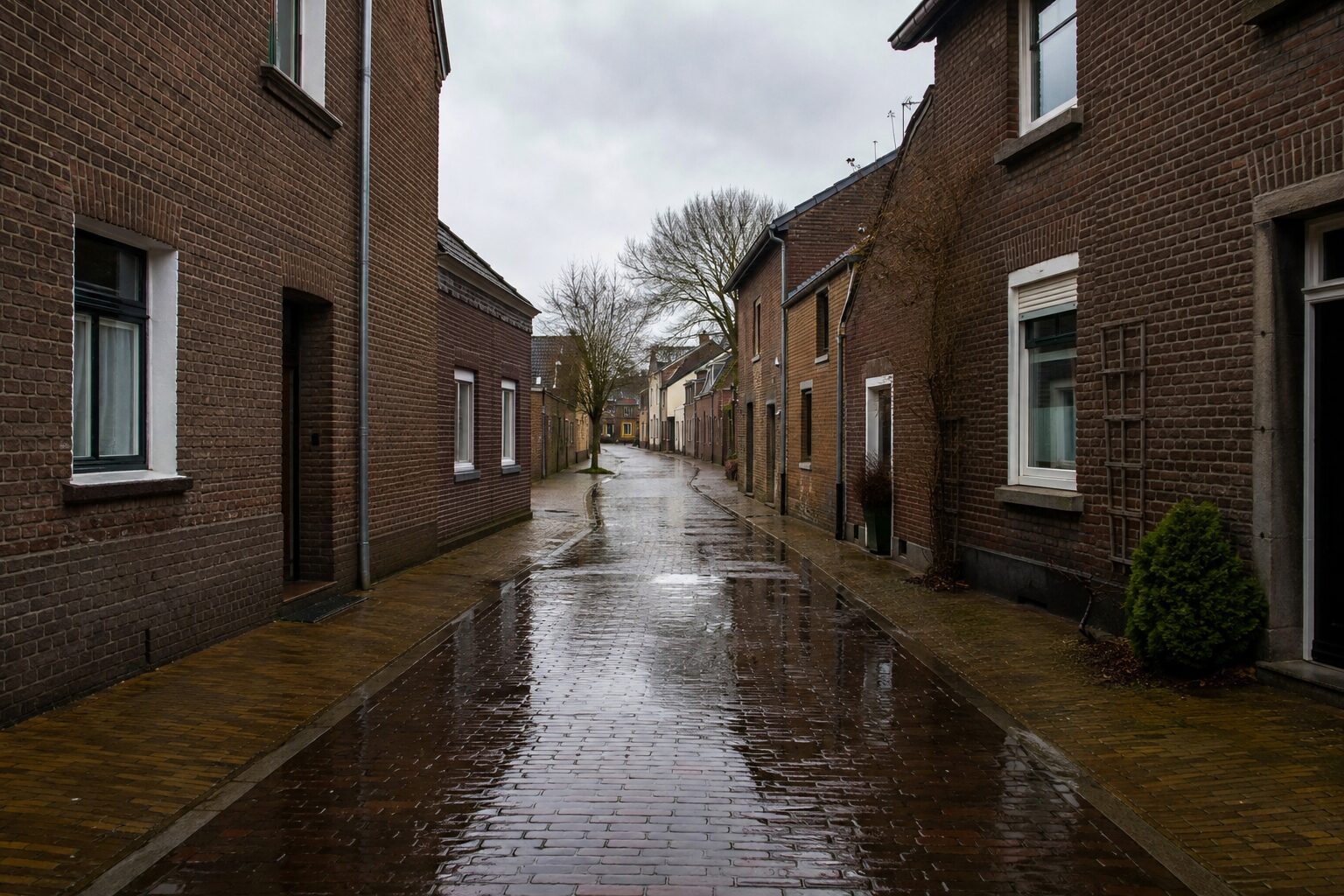 Een natte straat met glimmende klinkers in de regen