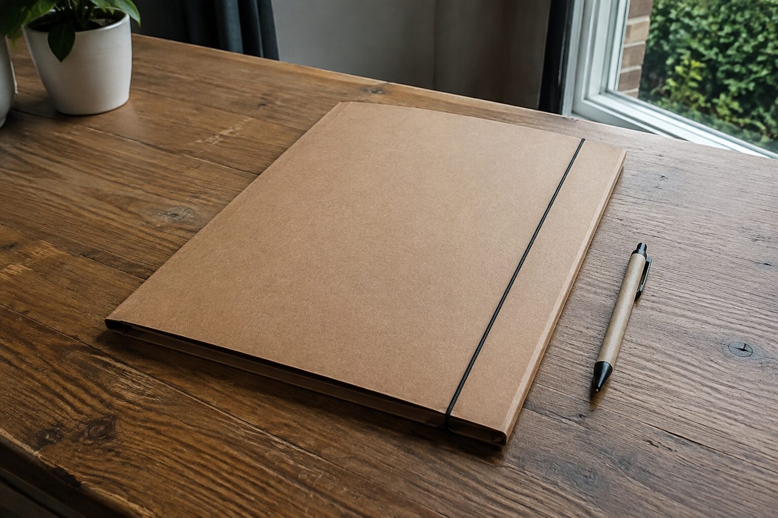 Een gesloten kartonnen dossiermap met een elastiek eromheen op een bureau