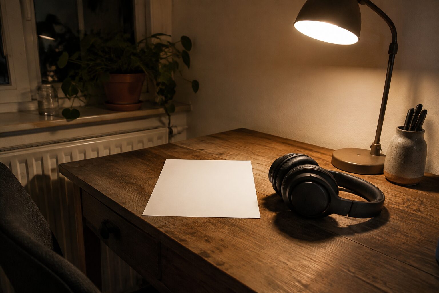 Een over-ear koptelefoon op een houten bureau bij het licht van een enkele bureaulamp