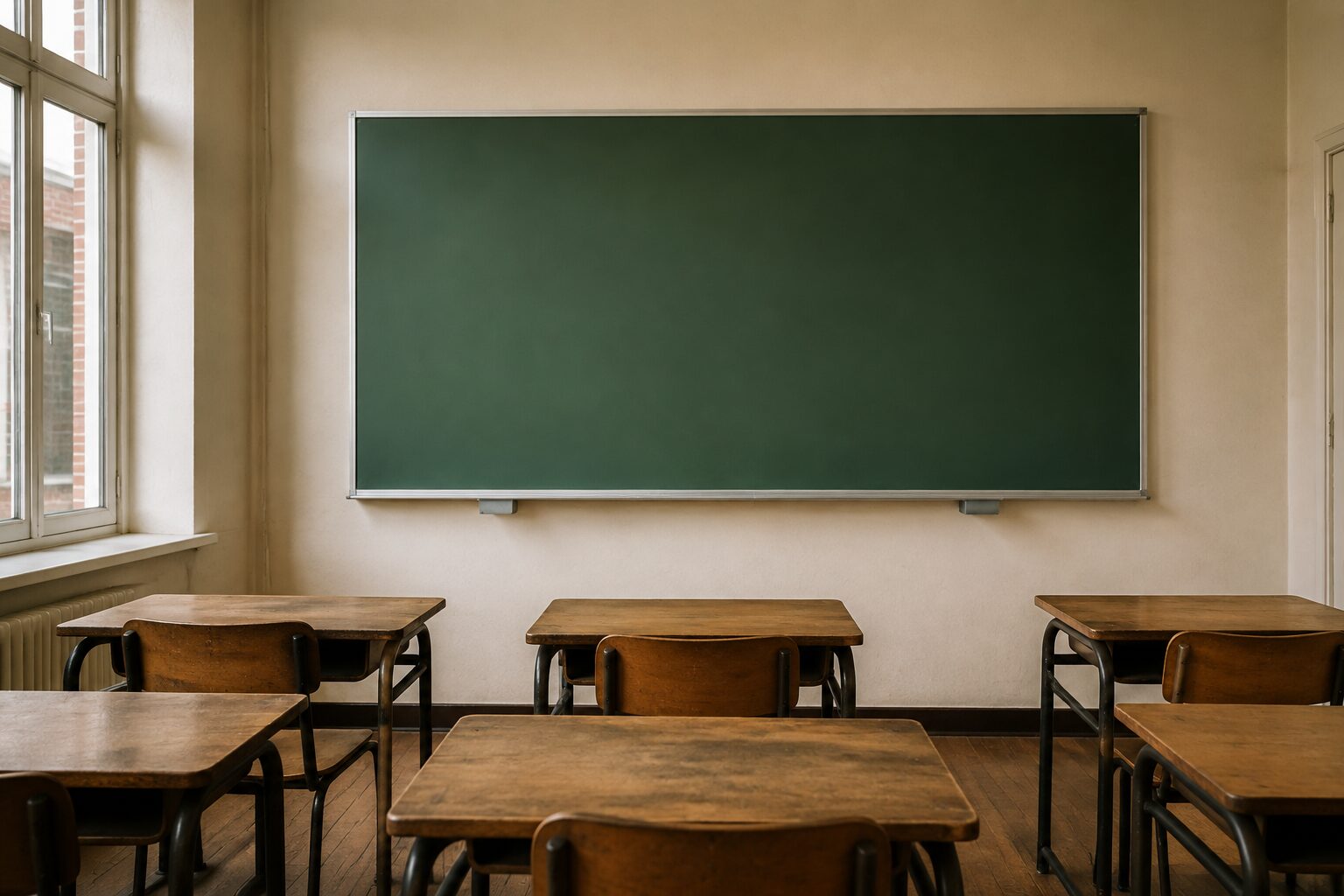 Een leeg groen schoolbord in een lokaal met lege tafeltjes ervoor