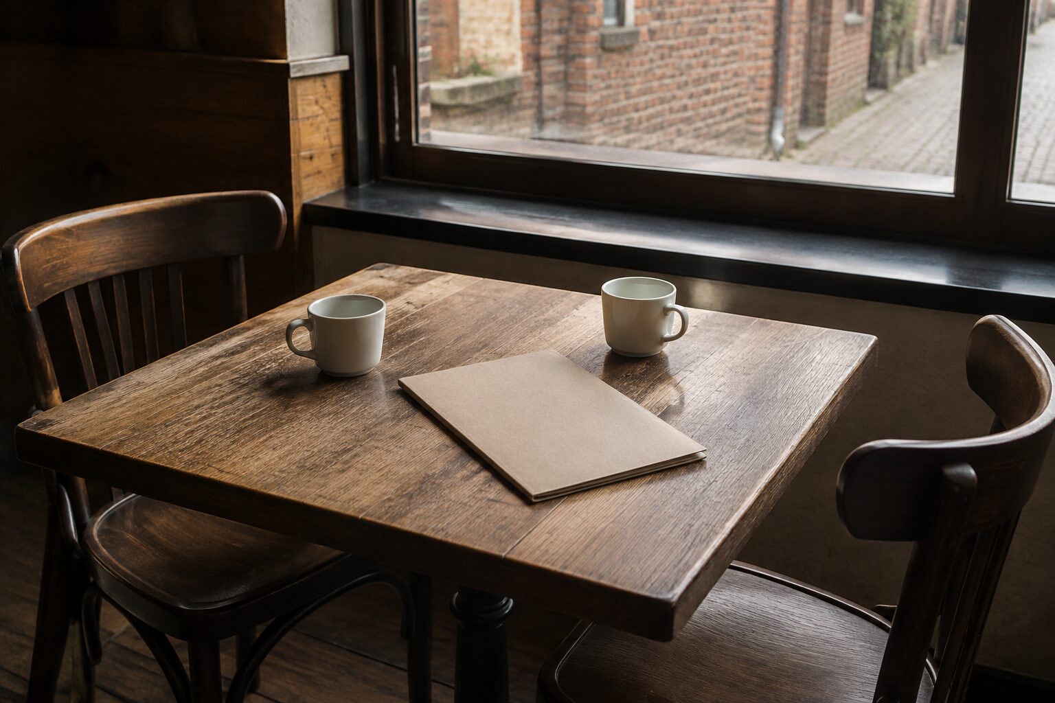Twee koffiekopjes en een gesloten map op een cafétafel bij een raam