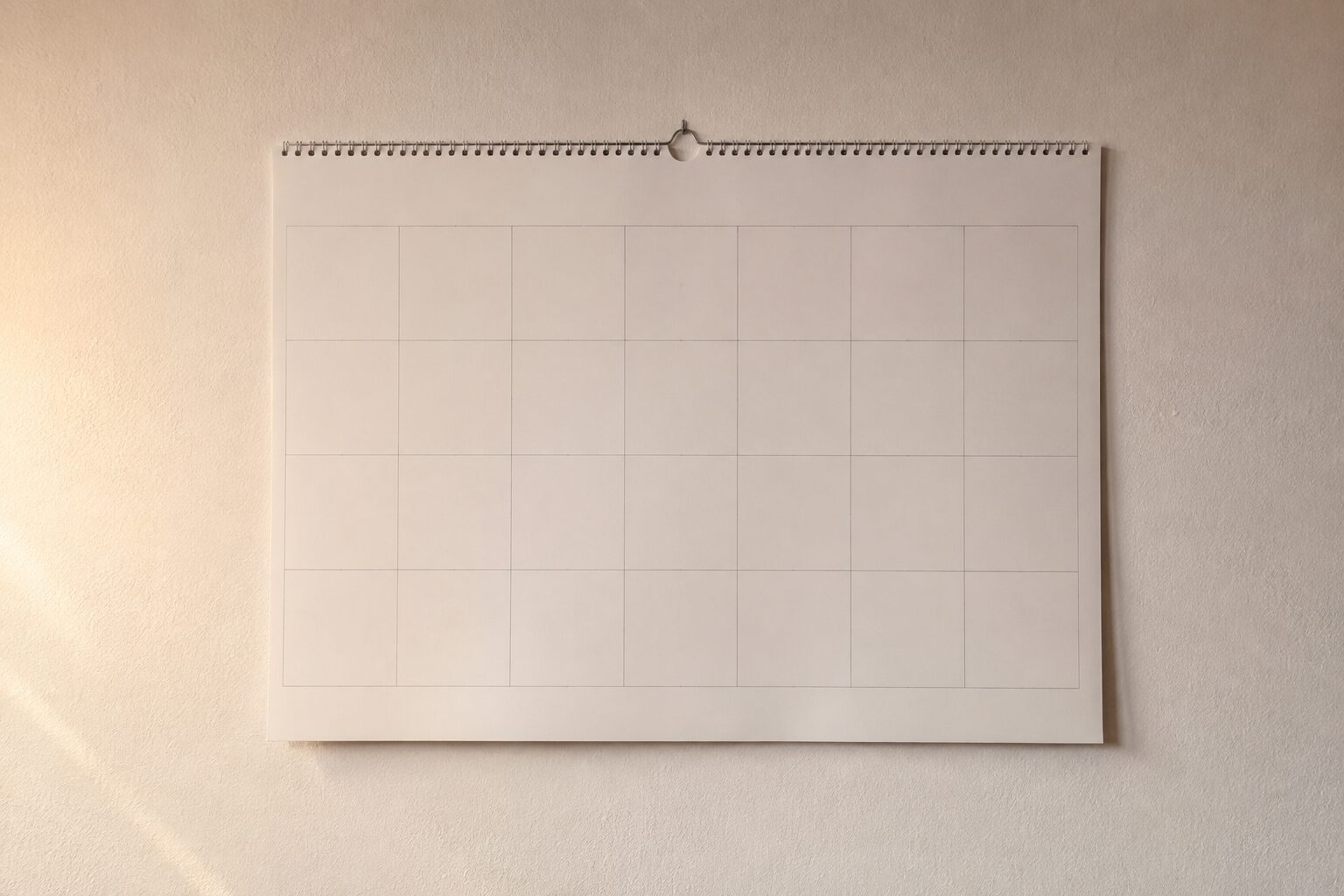 Een grote papieren wandkalender aan een lichte muur met blanco vakken zonder cijfers of tekst