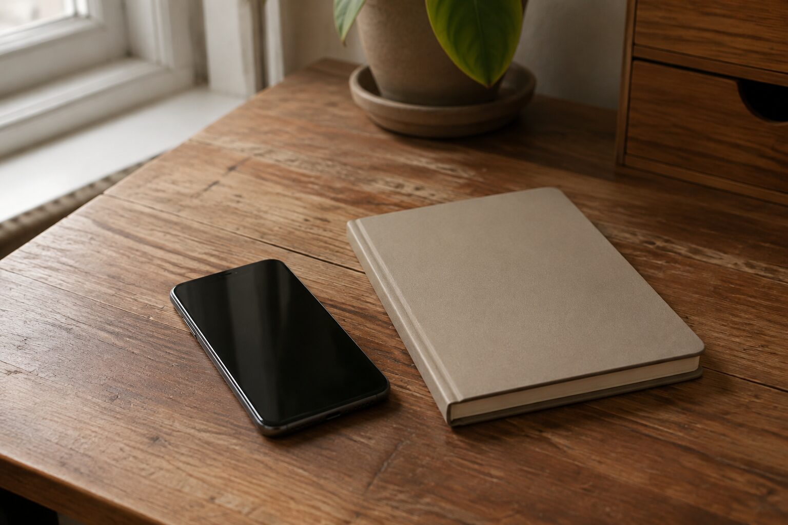 Een telefoon met donker scherm naast een gesloten notitieblok op een warm houten bureau