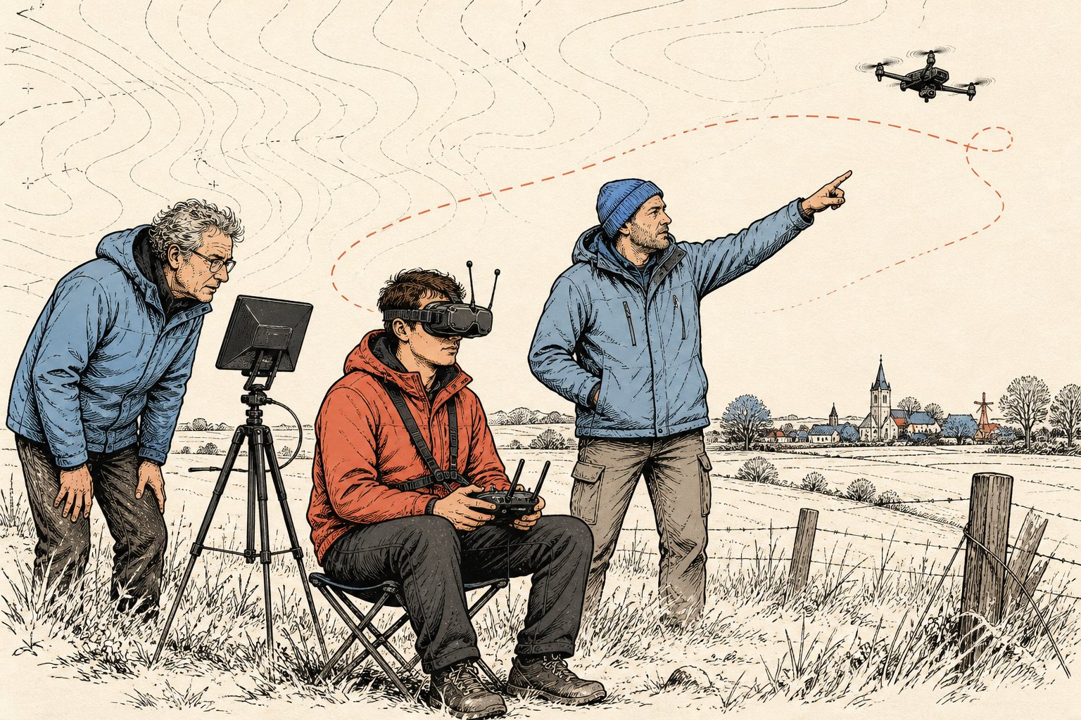 Dronepiloot met FPV-bril op een Limburgs veld met een waarnemer die naar de lucht wijst