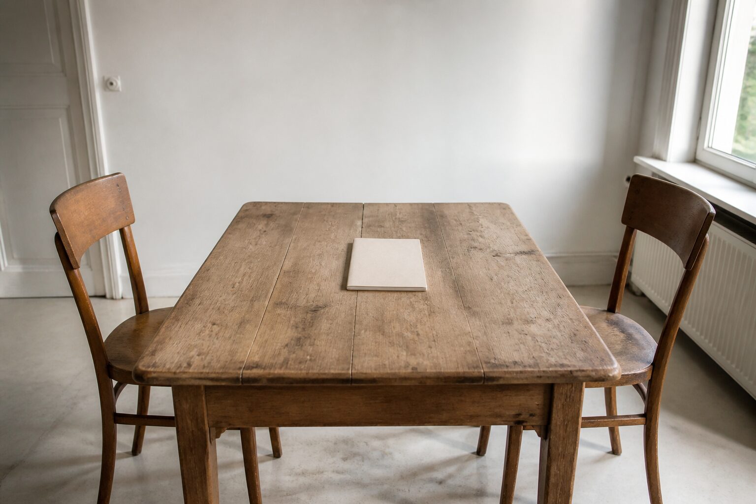 Twee stoelen tegenover elkaar aan een houten tafel met een gesloten notitieblok ertussen