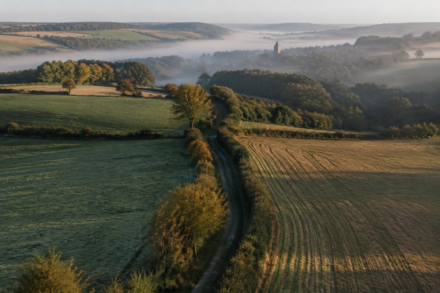 Voorbeeldvisualisatie van een luchtfoto van het heuvellandschap in Zuid-Limburg met holle weg en mist in de dalen